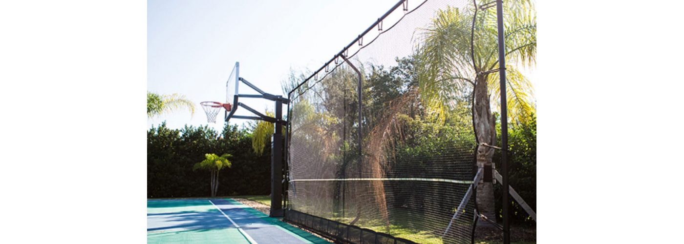 Rebound net behind basketball hoop