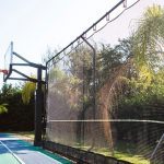 Rebound net behind basketball hoop